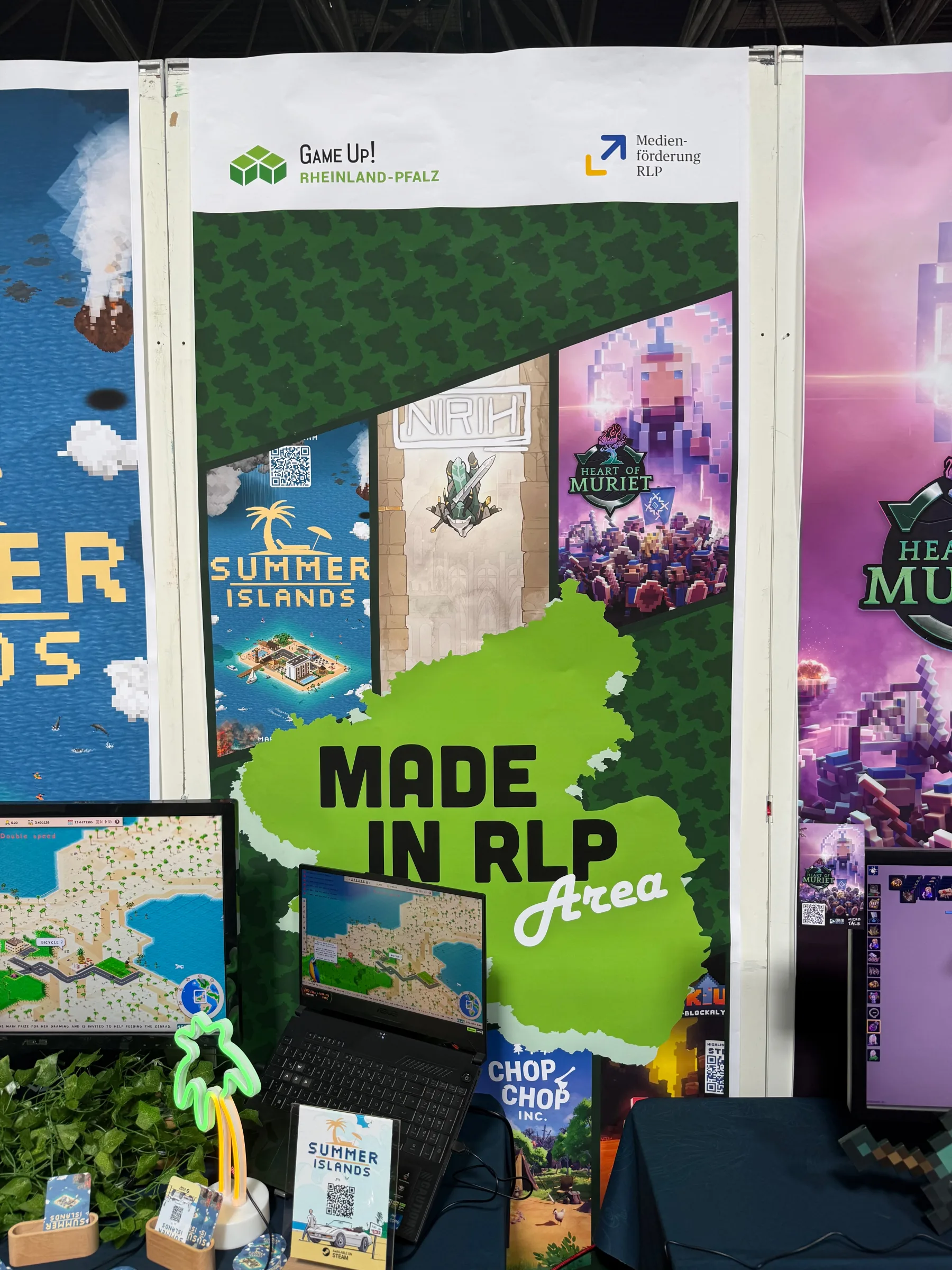 The "Made in RLP" area backdrop featuring Heart of Muriet alongside other Rhineland-Palatinate indie games
